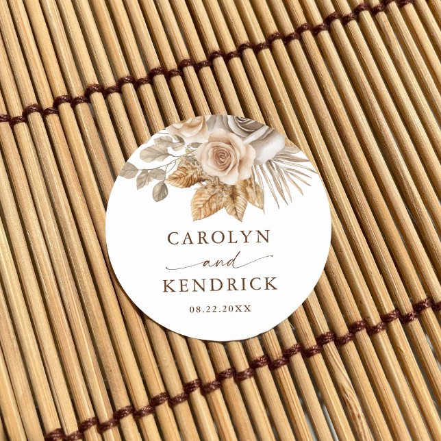 Elegant Boho Neutral Floral Accents Wedding Favour Classic Round Sticker (Creator Uploaded)