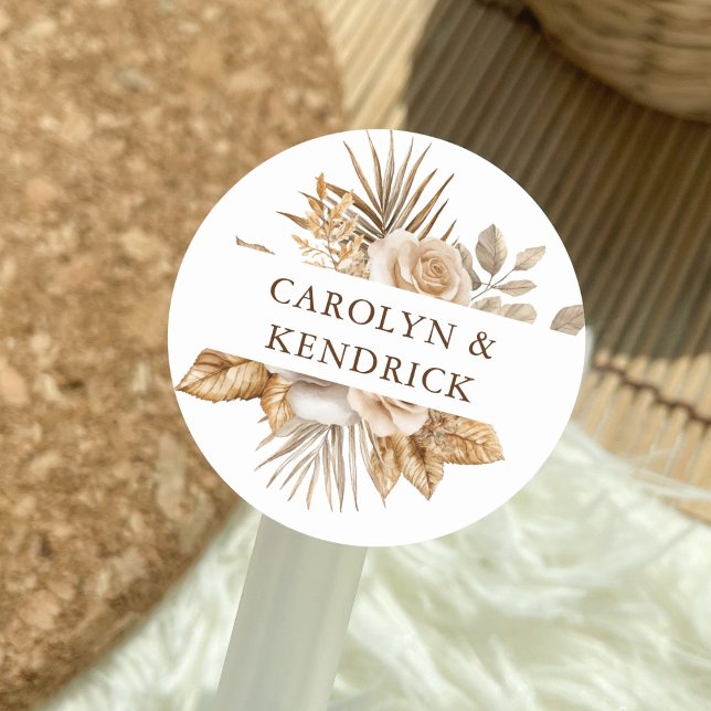 Elegant Boho Neutral Floral Accents Wedding Favour Classic Round Sticker (Creator Uploaded)