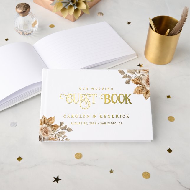 Elegant Boho Neutral Floral Accents Wedding Gold Guest Book (Front Open)