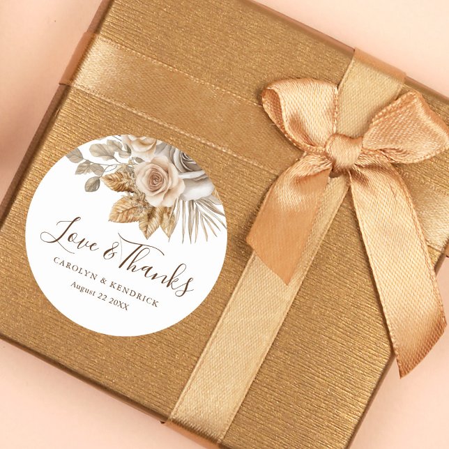 Elegant Boho Neutral Floral Love & Thanks Wedding Classic Round Sticker (Creator Uploaded)