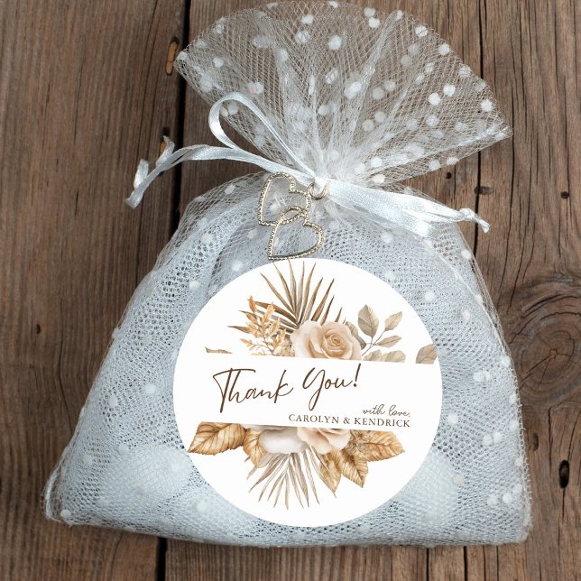 Elegant Boho Neutral Floral Wedding Thank you Classic Round Sticker (Creator Uploaded)