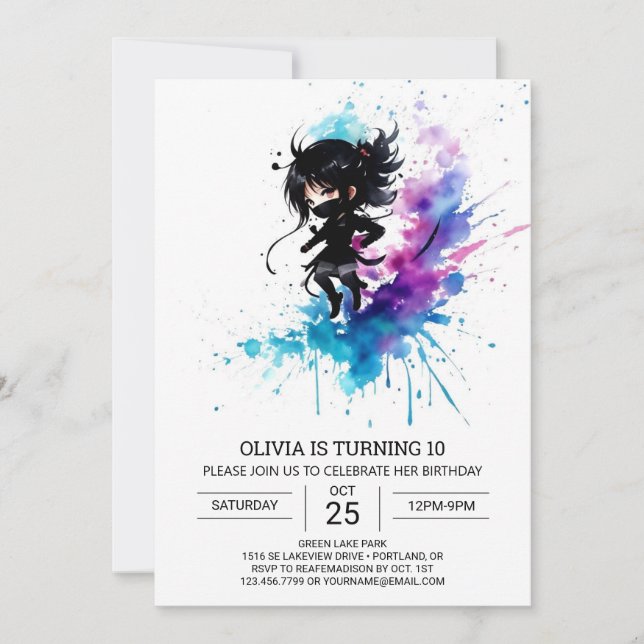 Elegant Boho Ninja Girl Birthday Invitation (Front)