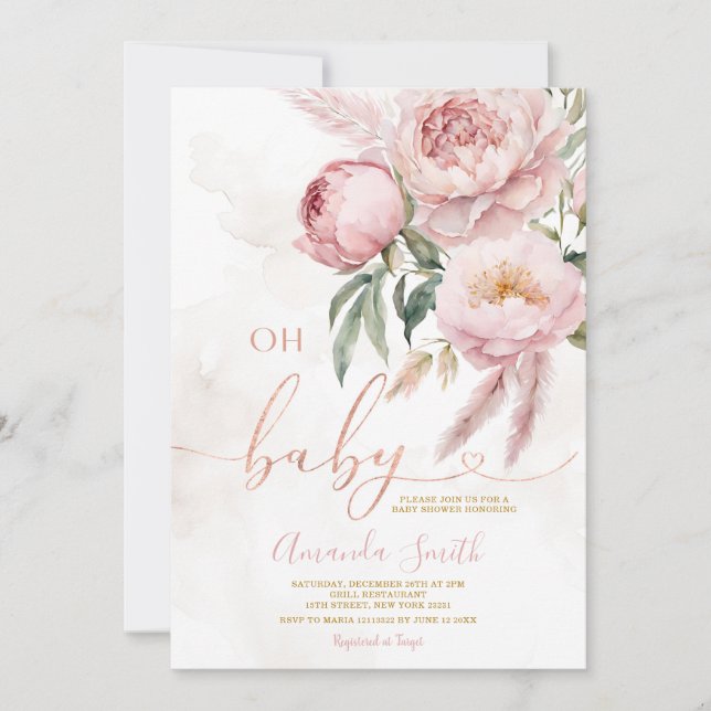 Elegant Boho Oh Baby Pink Roses Flower Baby Shower Invitation (Front)