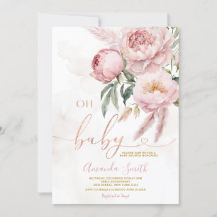 Elegant Boho Oh Baby Pink Roses Flower Baby Shower Invitation