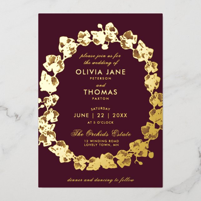 Elegant Boho Orchid Floral Wreath Burgundy Wedding (Front)