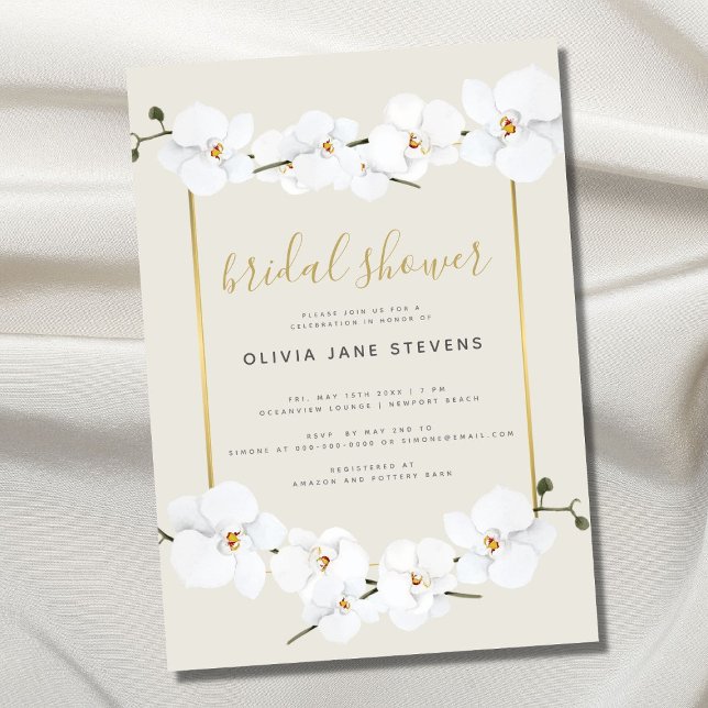 Elegant Boho Orchids Gold Frame Chic Bridal Shower Invitation (Creator Uploaded)