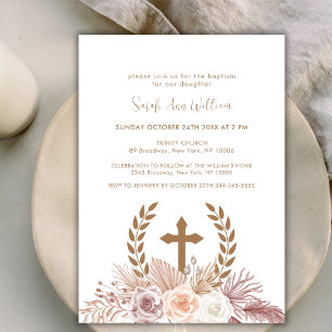 Elegant Boho Pampas Floral Cross Wreath Baptism Invitation