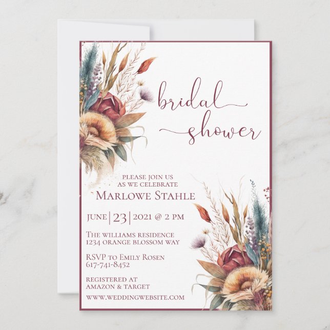 Elegant Boho pampas grass bridal shower Invitation (Front)