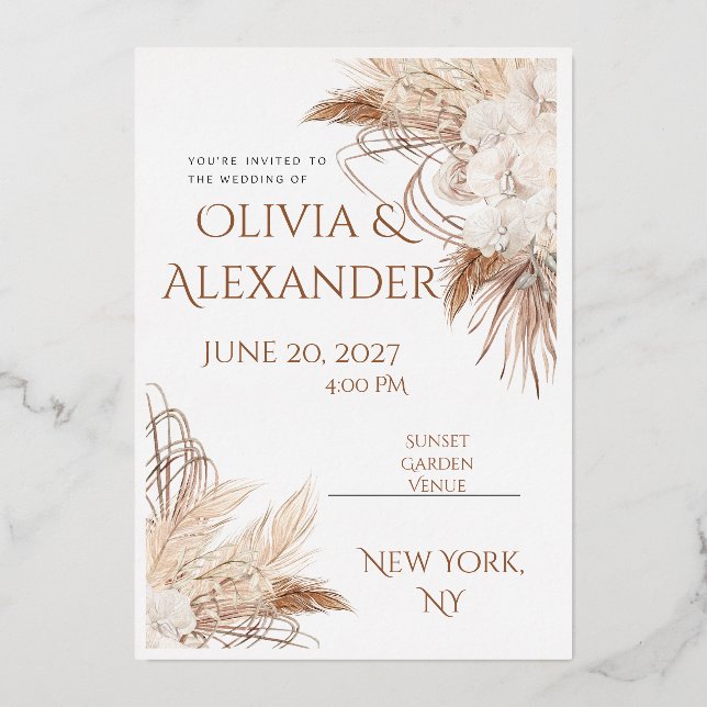 Elegant Boho Pampas Grass Wedding Invitation Templ (Front)