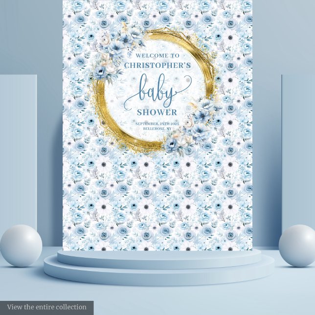 Elegant boho pastel blue flowers gold baby shower  tapestry (Elegant boho pastel blue flowers gold baby shower Tapestry)