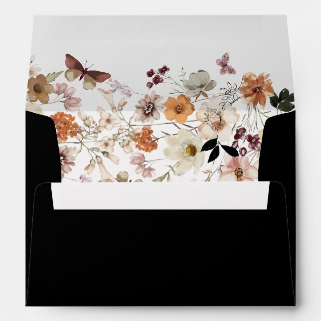 Elegant Boho Pastel Wildflower Black Royal Wedding Envelope (Back (Bottom))