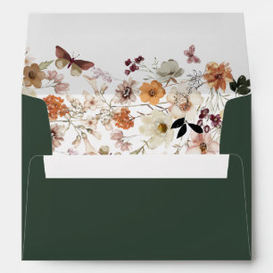 Elegant Boho Pastel Wildflower Dark Green Wedding Envelope
