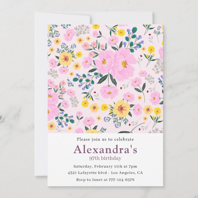 Elegant Boho Pink Floral 97th birthday Invitation (Front)