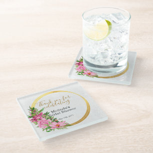 Elegant Boho Pink Floral Bridal Shower Favour Glass Coaster