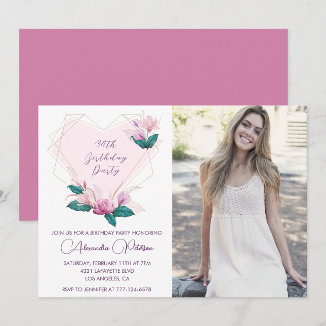 Elegant Boho Pink Floral Photo 34th birthday Invitation (Front/Back)