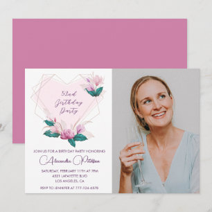 Elegant Boho Pink Floral Photo 52nd birthday Invitation