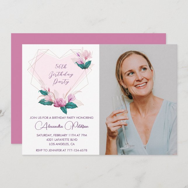 Elegant Boho Pink Floral Photo 56th birthday Invitation (Front/Back)