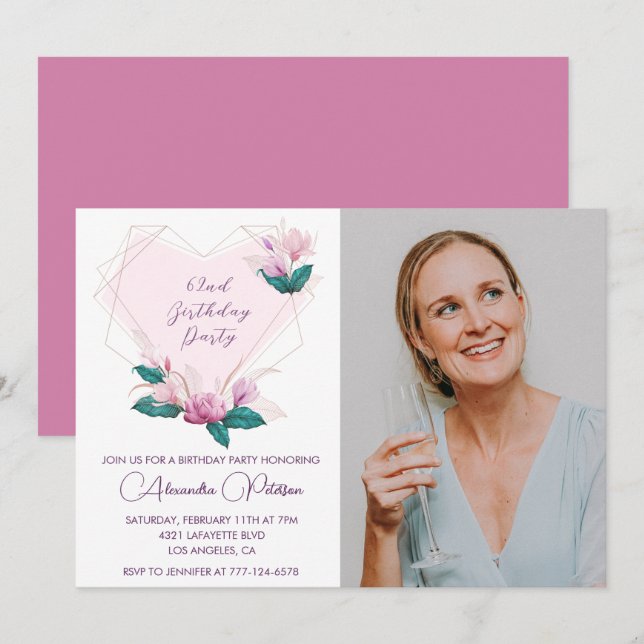 Elegant Boho Pink Floral Photo 62nd birthday Invitation (Front/Back)
