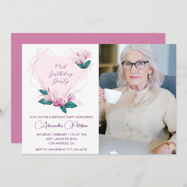 Elegant Boho Pink Floral Photo 93rd birthday Invitation (Front/Back)