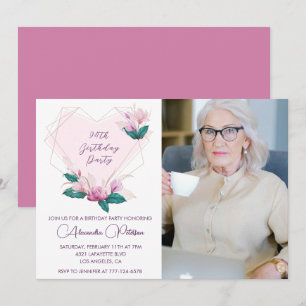 Elegant Boho Pink Floral Photo 94th birthday Invitation