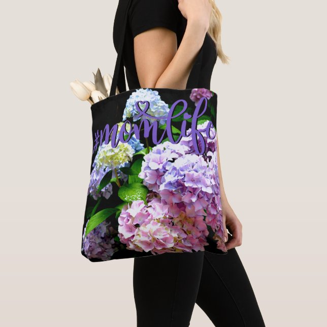Elegant boho pink purple blue florals hydrangeas tote bag (Close Up)