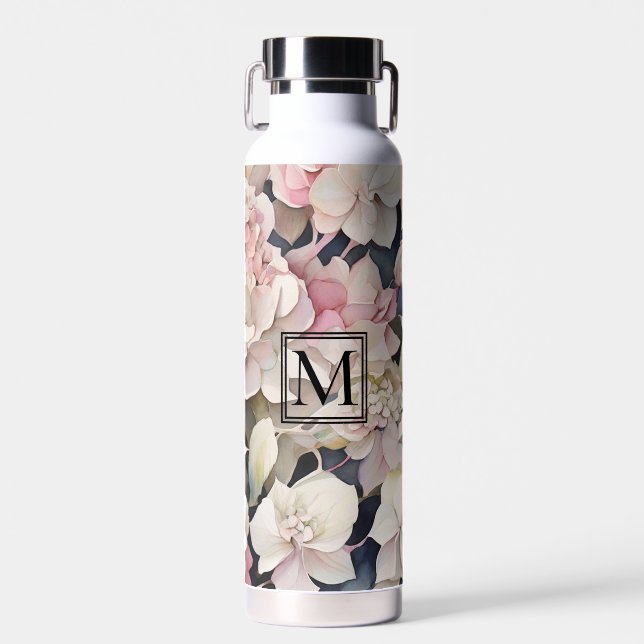 Elegant boho pink watercolor floral hydrangeas  water bottle (Front)