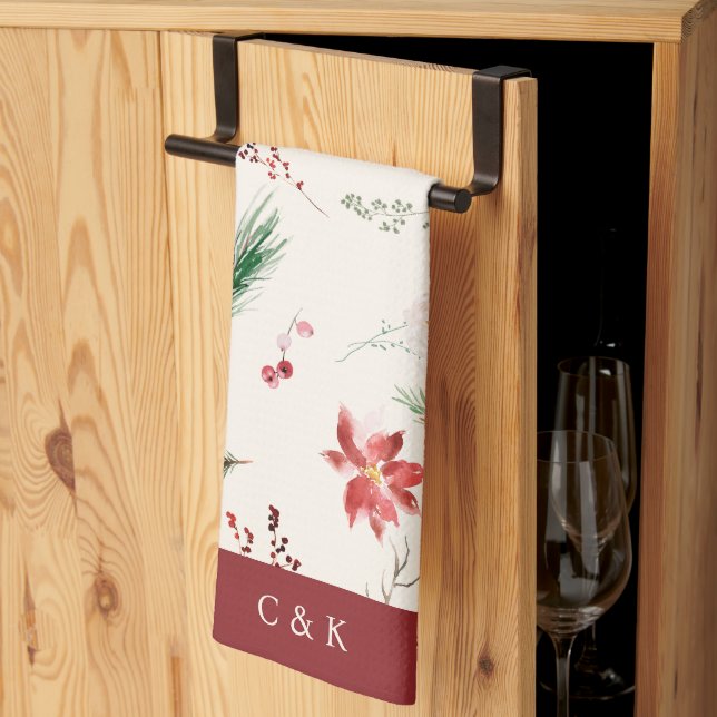 Elegant Boho Poinsettia Greenery Christmas Winter Tea Towel (Thirds Fold)