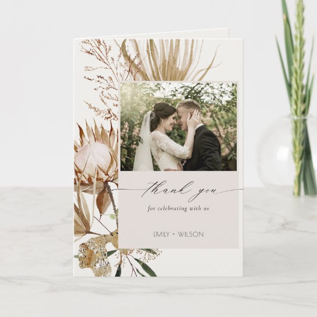 Elegant Boho Protea Dried Palm Floral Wedding Thank You Card (Front)