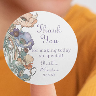 Elegant Boho Purple and Peach Poppies, Thank You Classic Round Sticker