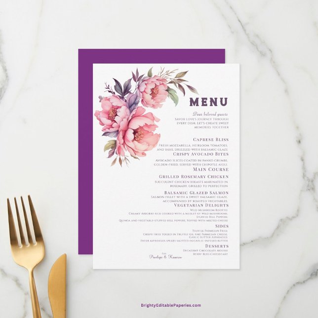 Elegant Boho Purple Peony Wedding Menu (A Symphony of Flavor with our Elegant Purple Peony Wedding Menu.)