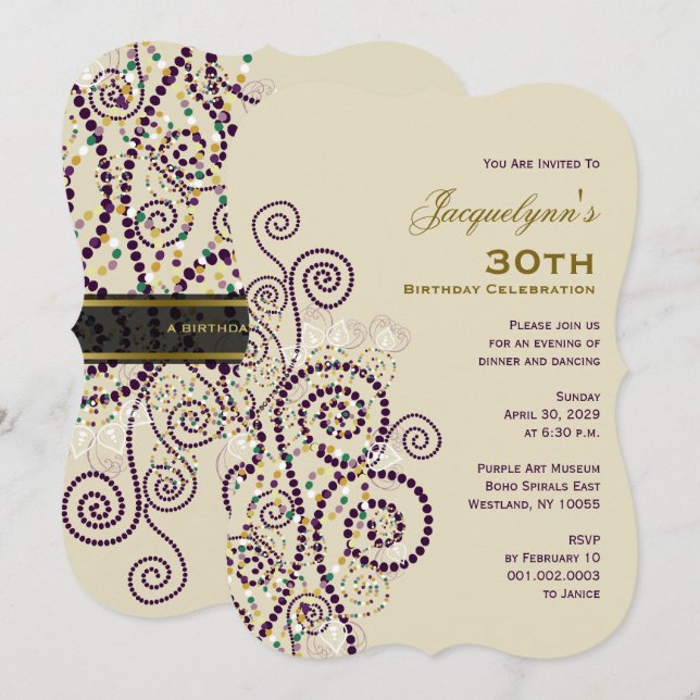 Elegant Boho Purple Spirals Birthday Party Invite (Front/Back)