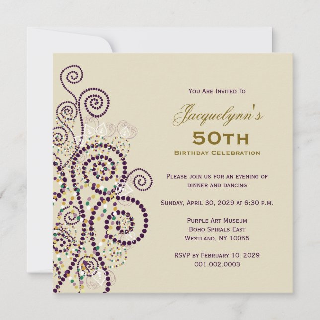 Elegant Boho Purple Spirals Birthday Party Invite (Front)