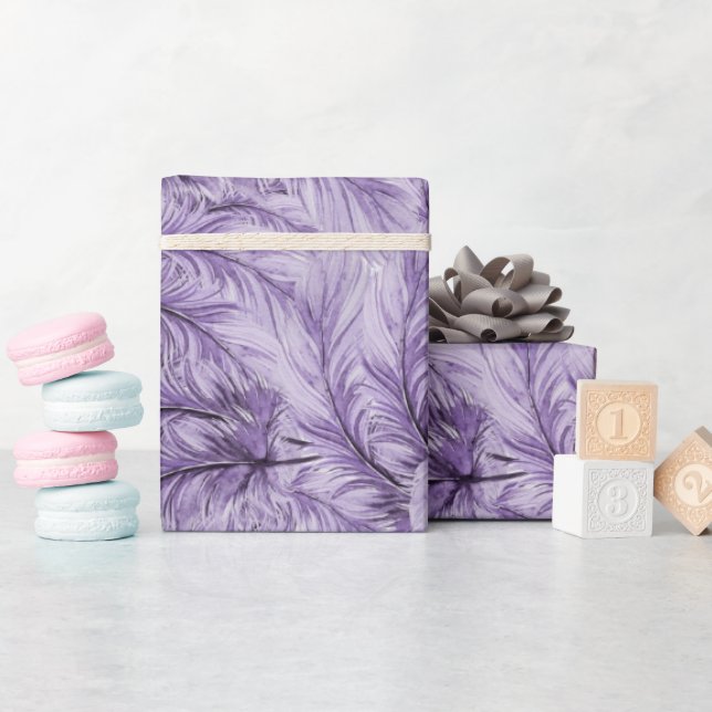 Elegant Boho Purple Whimsical Watercolor Feather Wrapping Paper (Baby Shower)