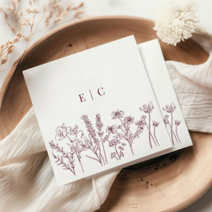 Elegant Boho Purple Wildflower Initial Wedding Napkin