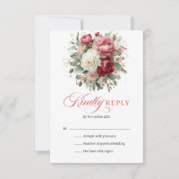 Elegant Boho Red Blush Floral Wedding RSVP Card