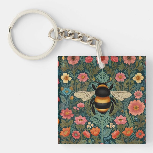 Elegant boho retro bumblebee spring florals  key ring (Front)
