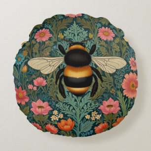 Elegant boho retro bumblebee spring florals round cushion