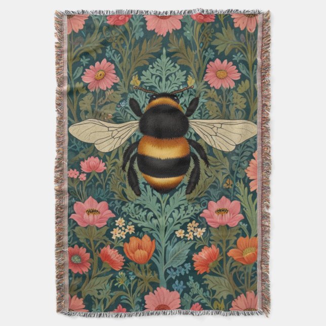Elegant boho retro bumblebee spring florals  throw blanket (Front Vertical)