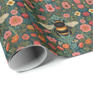 Elegant boho retro bumblebee spring florals  wrapping paper