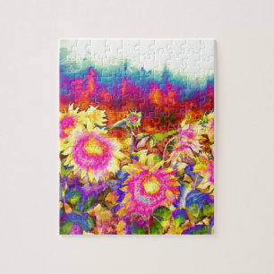Elegant boho retro sunflowers pink yellow flowers jigsaw puzzle