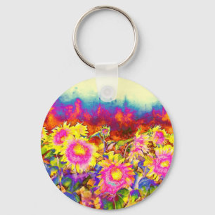 Elegant boho retro sunflowers pink yellow flowers key ring
