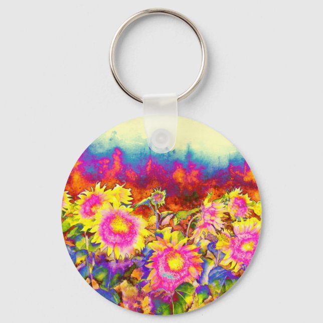 Elegant boho retro sunflowers pink yellow flowers key ring (Front)