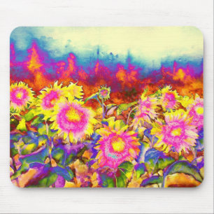 Elegant boho retro sunflowers pink yellow flowers mouse mat