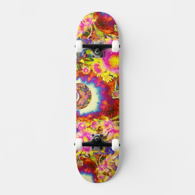 Elegant boho retro sunflowers pink yellow flowers skateboard (Front)