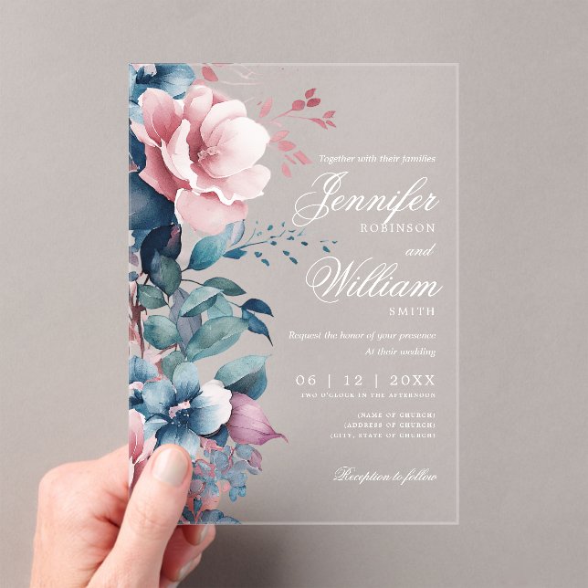 Elegant Boho Romantic Floral Blue Wedding  Acrylic Invitations (Insitu (Handheld))