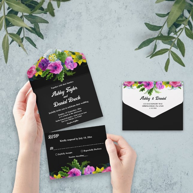 Elegant Boho Romantic Flowers Black Floral Wedding All In One Invitation (Creator Uploaded)