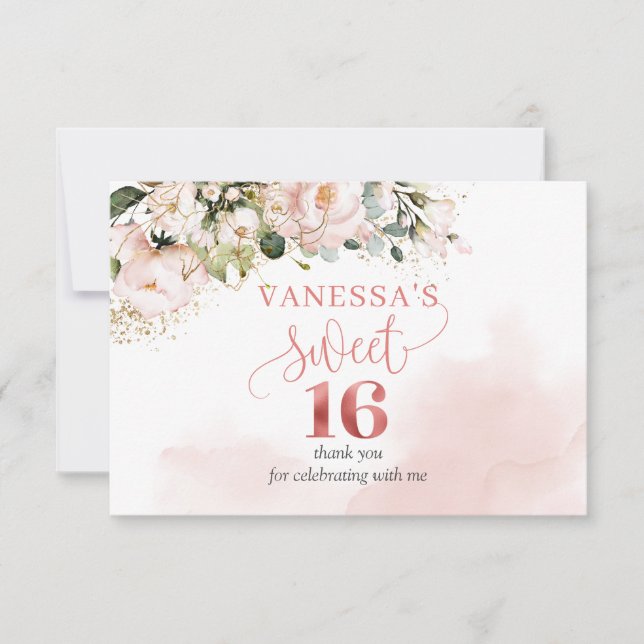 Elegant boho rose gold floral 16th Birthday Party  Thank You Card (Front)