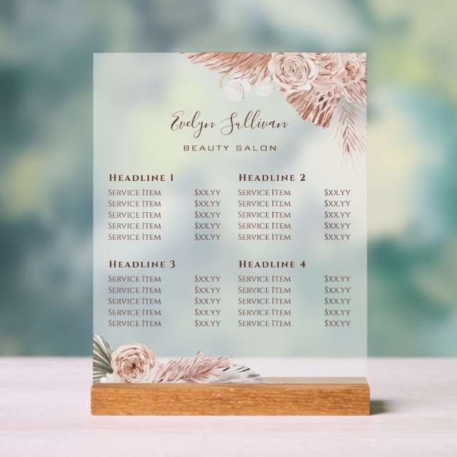 Elegant Boho Roses Price List Acrylic Sign (Neutral)