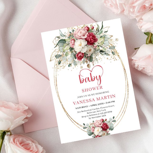 Elegant Boho Ruby Blush Gold Floral Baby Shower  Invitation (Elegant Boho Ruby Blush Gold Floral Baby Shower Invitation)