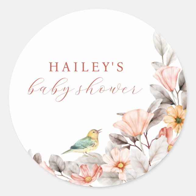 Elegant Boho Rustic Wildflower Baby Shower  Classic Round Sticker (Front)